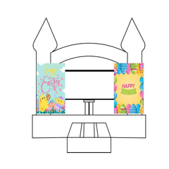 Two colorful Easter banners featuring festive designs, displayed on a bounce house backdrop.