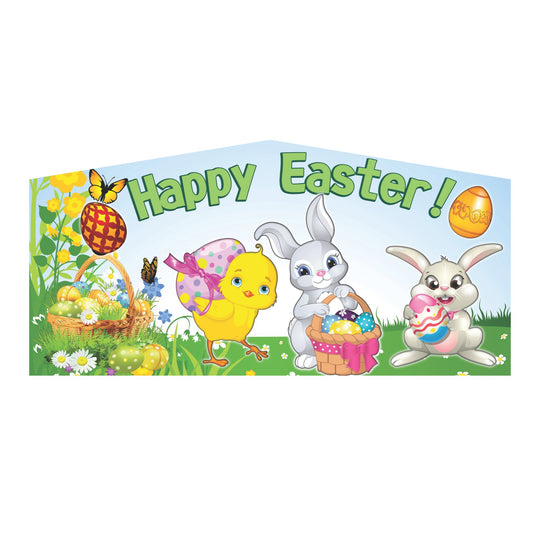 Colorful inflatable art panel featuring Easter-themed characters like a chick, bunnies, and decorated eggs in a spring
