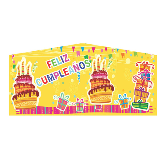 Colorful inflatable art panel featuring birthday cakes, gifts, and the text 'Feliz Cumpleaños' on a bright yellow background.