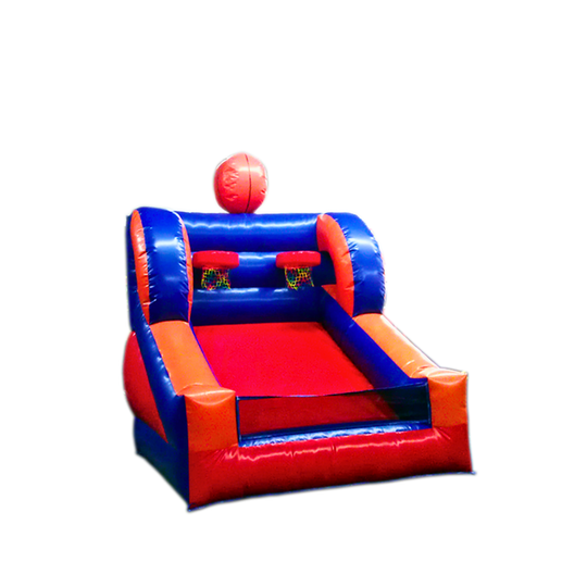 A vibrant blue and orange inflatable basketball game featuring two hoops and a basketball, ideal for commercial inflatable