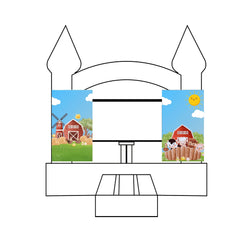 Two custom event banners featuring a farm theme with a barn, windmill, and animals, positioned on a bounce house.