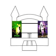 Two Halloween banners featuring spooky designs, displayed on a bounce house backdrop.
