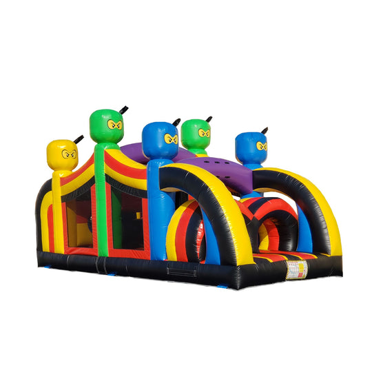 Colorful inflatable ninja obstacle course featuring vibrant characters and various climbing and sliding sections, ideal for