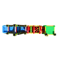 Colorful Toxic Obstacle Course featuring bright green, yellow, and red sections with various inflatable obstacles, set