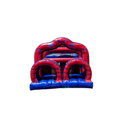 Red and blue commercial obstacle course inflatable featuring various arches and climbing sections.