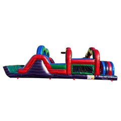 Colorful inflatable obstacle course featuring various climbing and sliding sections, set against a plain background.