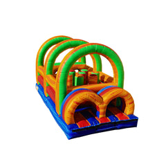 Colorful commercial obstacle course inflatable for sale featuring arches and tunnels in vibrant orange, green, and blue.