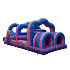 Bright pink and blue commercial obstacle course inflatable featuring arches and tunnels, set against a white background.