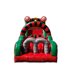 Colorful inflatable obstacle course featuring a toxic waste dump theme with green and red colors, designed for fun and