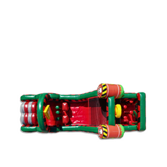 Top view of the Toxic Waste Dump Obstacle Course featuring vibrant green and red colors with inflatable barrels and