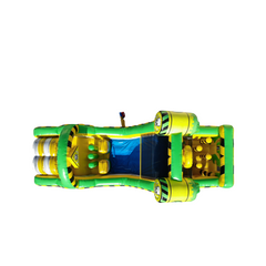 Bright yellow and green Toxic Waste Dump obstacle course inflatable featuring various obstacles and a central blue slide.
