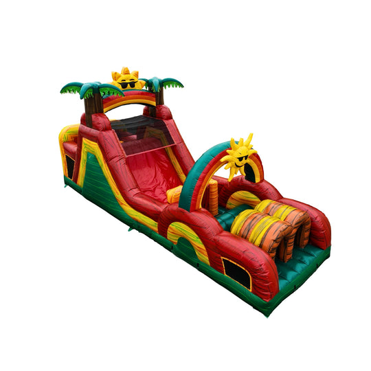 Colorful tropical-themed commercial obstacle course inflatable featuring slides and climbing sections.