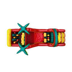 Top view of the Tropical Obstacle Course featuring vibrant red and yellow colors with green accents, showcasing various