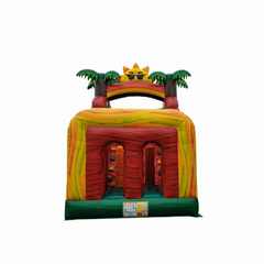 Colorful tropical-themed inflatable obstacle course featuring palm trees and a sun design, suitable for outdoor events.