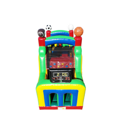 Colorful inflatable obstacle course featuring sports-themed elements and a scoreboard, ideal for outdoor events.