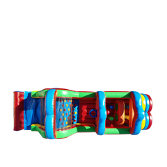 Colorful inflatable obstacle course featuring various climbing and sliding sections, set against a white background.