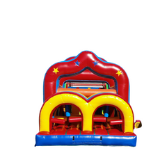 Colorful red and yellow commercial obstacle course inflatable for sale featuring tunnels and arches.