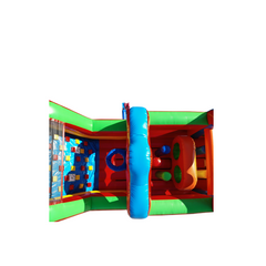 Colorful commercial obstacle course inflatable featuring various climbing and sliding sections, set against a white