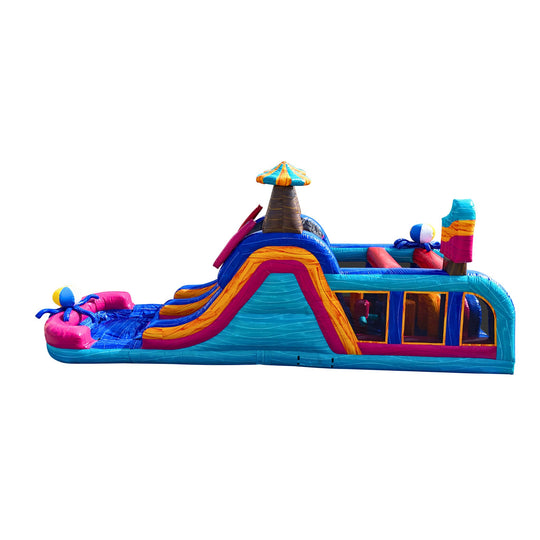 Colorful commercial obstacle course inflatable for sale featuring slides, climbing areas, and beach-themed decorations.