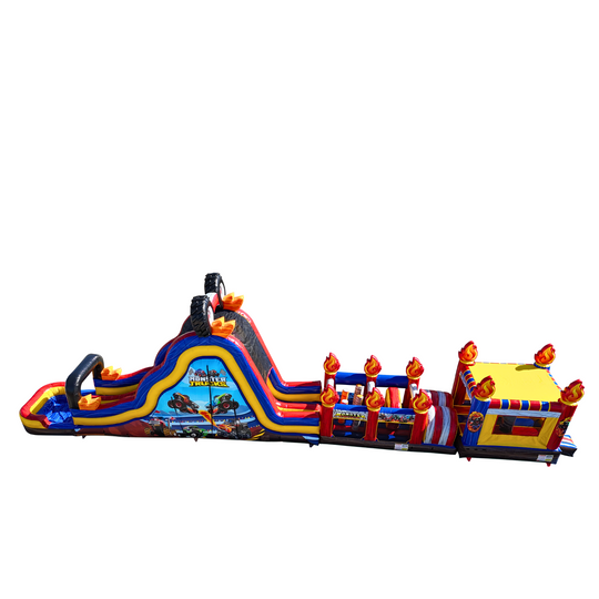 Colorful commercial obstacle course inflatable for sale featuring a monster truck theme with a large climbing structure and