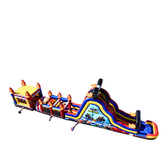 Colorful commercial obstacle course inflatable featuring a monster truck theme, with slides and climbing sections.