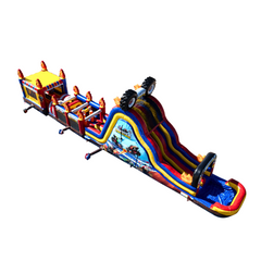 Colorful commercial obstacle course inflatable featuring a monster truck theme with slides and climbing sections.