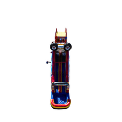 Colorful inflatable obstacle course shaped like a monster truck, featuring large tires and a slide, suitable for outdoor