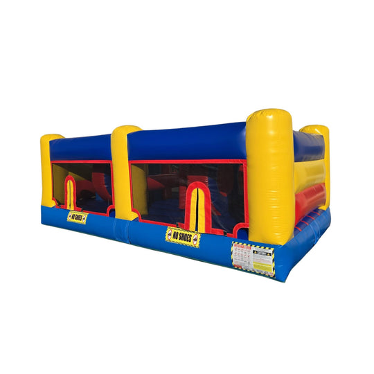 Colorful inflatable obstacle course featuring yellow and blue sections, designed for indoor use.