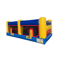 Colorful inflatable obstacle course featuring yellow and blue sections, designed for indoor use.