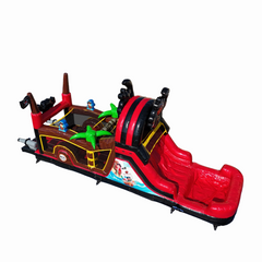 Colorful pirate-themed commercial obstacle course inflatable for sale featuring slides and playful characters.