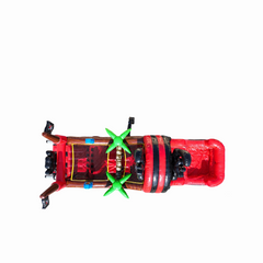 Top view of a red and black pirate-themed commercial obstacle course inflatable for sale, featuring obstacles and a slide.