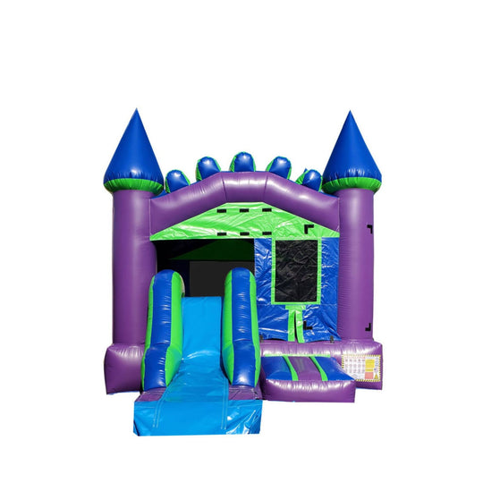 Colorful purple and green commercial inflatable combo with a slide and castle design, ideal for outdoor events.