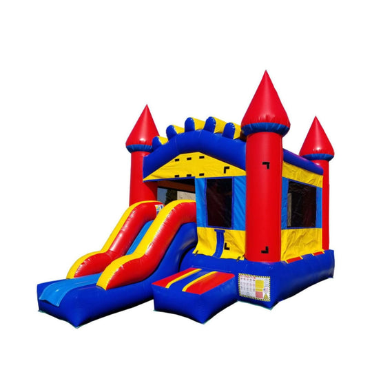 Colorful commercial inflatable combo featuring a bounce area and dual slides, designed like a castle with red and yellow