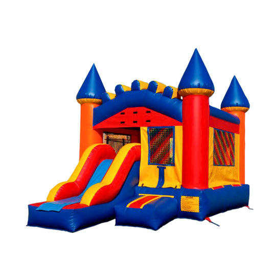 Colorful mini combo inflatable with blue and red towers, featuring a bounce area and slide, suitable for outdoor events.