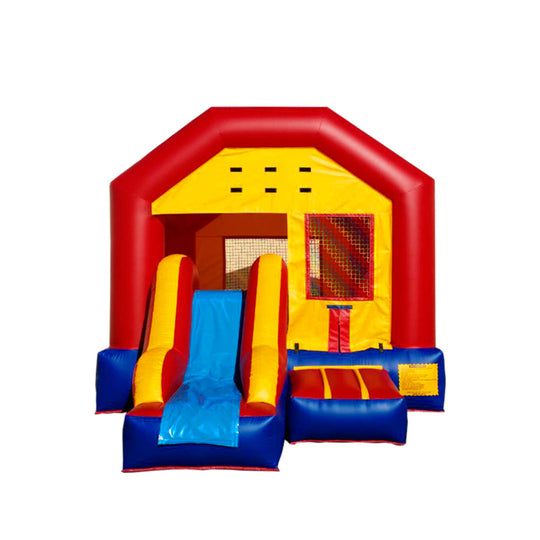 Bright red and yellow commercial inflatable combo featuring a slide and bounce area, set against a white background.