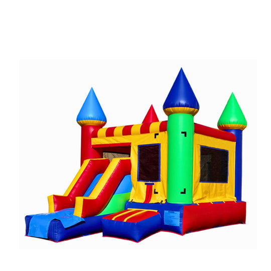 Colorful commercial inflatable combo featuring a bounce area, slide, and four spires in red, blue, green, and yellow.
