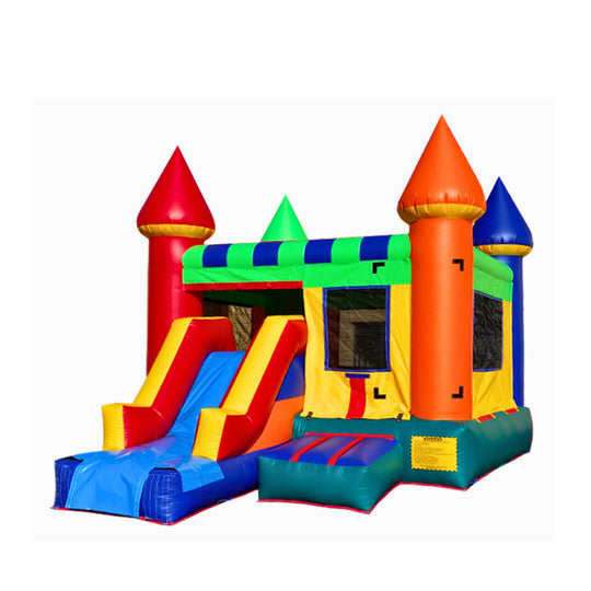 Colorful commercial inflatable combo featuring a bounce area, two slides, and castle-like towers.