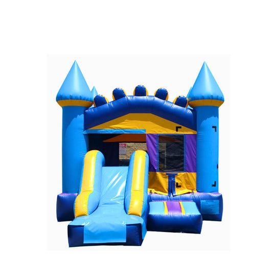 Bright blue and yellow commercial inflatable combo featuring a bounce area and slide, set against a white background.