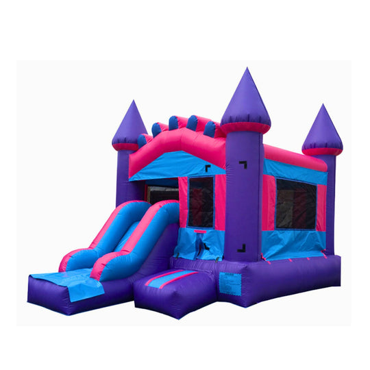 Bright purple and pink commercial inflatable combo with a slide and castle design, set against a white background.