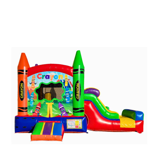 Colorful commercial inflatable combo featuring a crayon theme with a slide and bounce area.