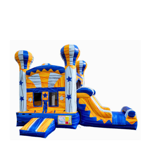 Brightly colored commercial inflatable combo featuring blue and yellow design with a slide and bounce area.