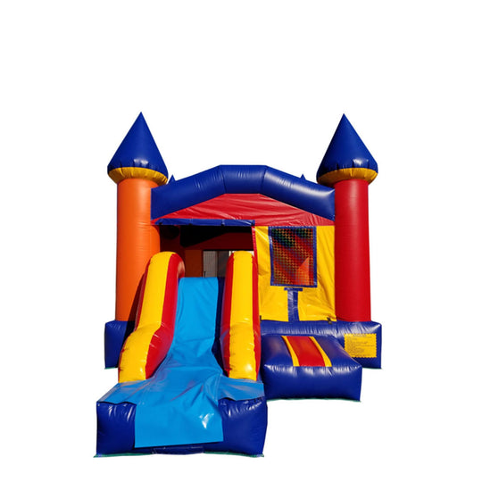 Colorful commercial inflatable combo featuring a bounce area, slide, and castle-like towers.