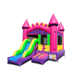 Bright pink and green commercial inflatable combo with a slide and castle design, set against a white background.