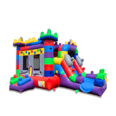 Colorful commercial inflatable combo featuring a bounce area, slide, and climbing structure, set against a white background.
