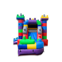 Colorful inflatable combo featuring a bounce area and slide, designed with multiple hues for a vibrant look.