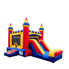 Colorful red, blue, and yellow commercial inflatable combo featuring a bounce area and slide.