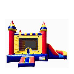 Colorful red and yellow commercial inflatable combo with a slide and bounce area.