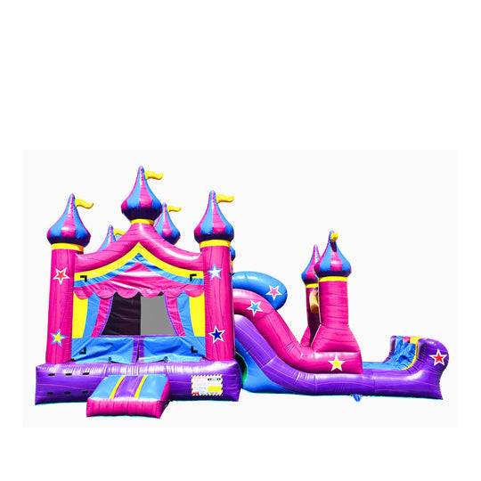 Bright pink and purple inflatable castle with turrets and a slide, set against a white background, showcasing a commercial
