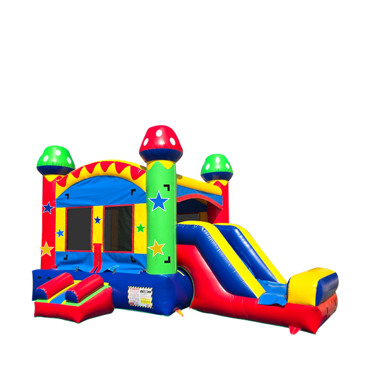 Colorful MC-491 Mini Combo features a bounce area, slide, and vibrant star designs, ideal for outdoor events.