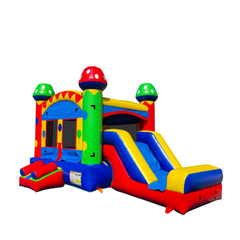 Colorful MC-491 Mini Combo features a bounce area, slide, and mushroom-shaped accents, ideal for outdoor fun.